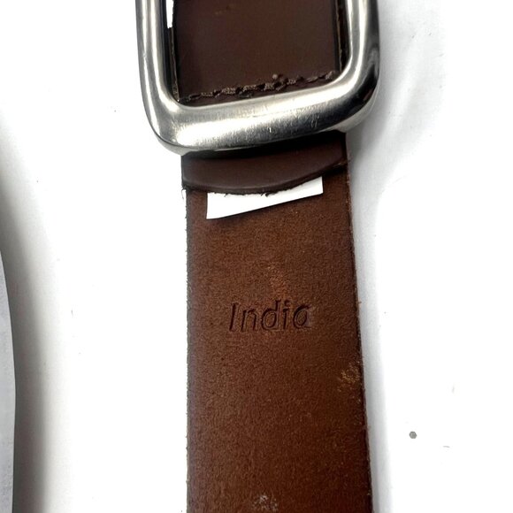 Timberland Brown Genuine Leather Belt Silver Buckle Logo Men Belt Size 30-32" - Picture 3 of 7